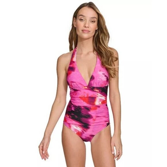 DKNY Womens Size Large Tie Back Halter Style One Piece Swimsuit Pink Black New - Picture 1 of 7